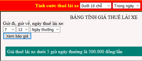 Thuê lái xe dưới 5 giờ ngày thường