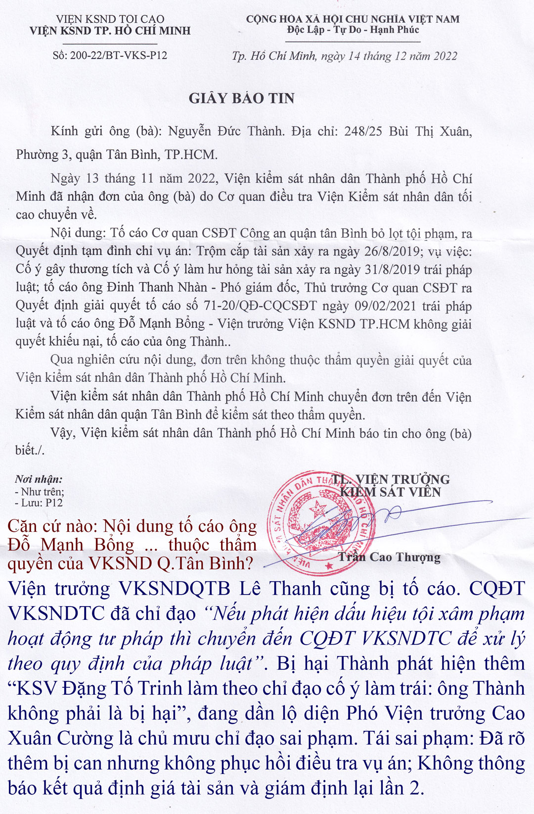 giấy thông báo số 200 ngày 14/12/2022 của VKSND TPHCM